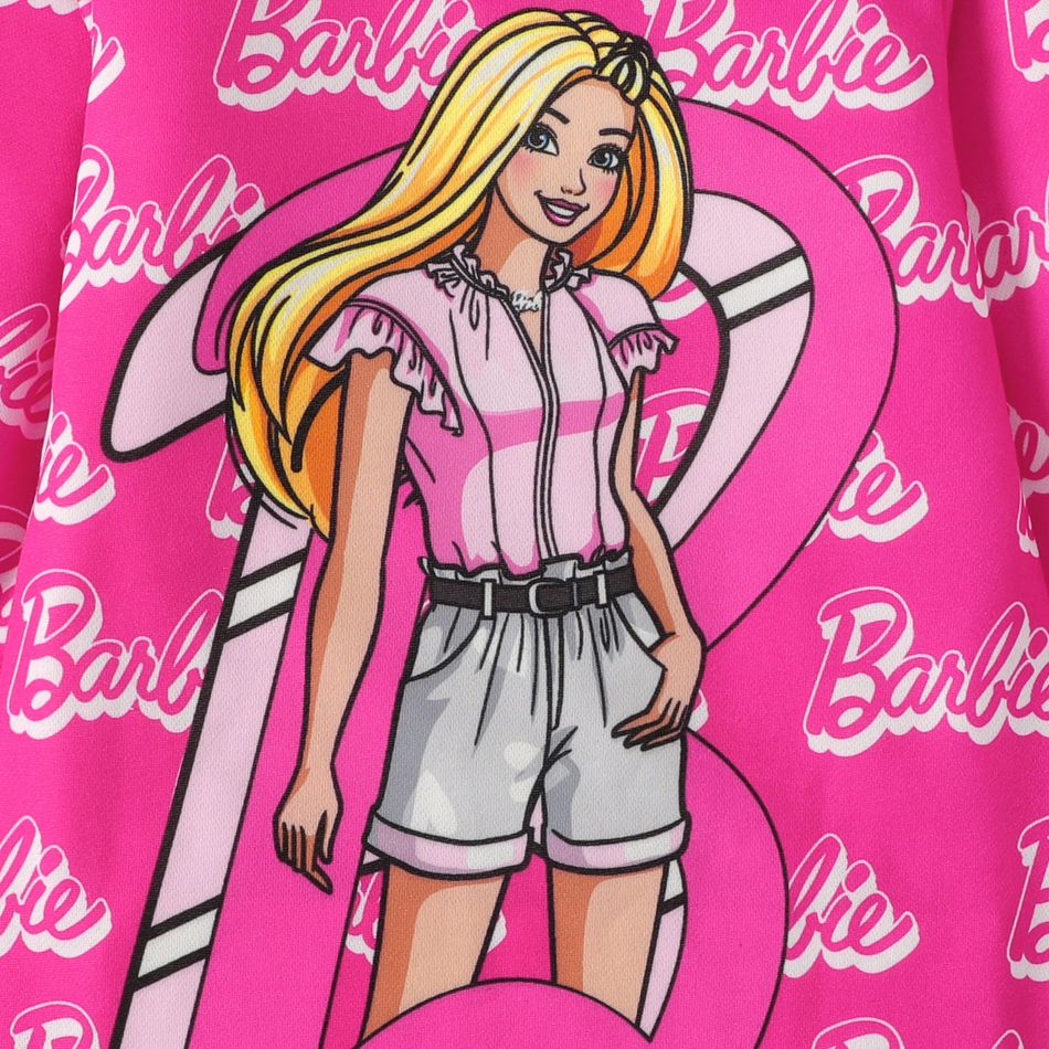 Barbie 2pcs Kid Girl Letter Allover Print Long-sleeve Dress and Cap Set Pink big image 4