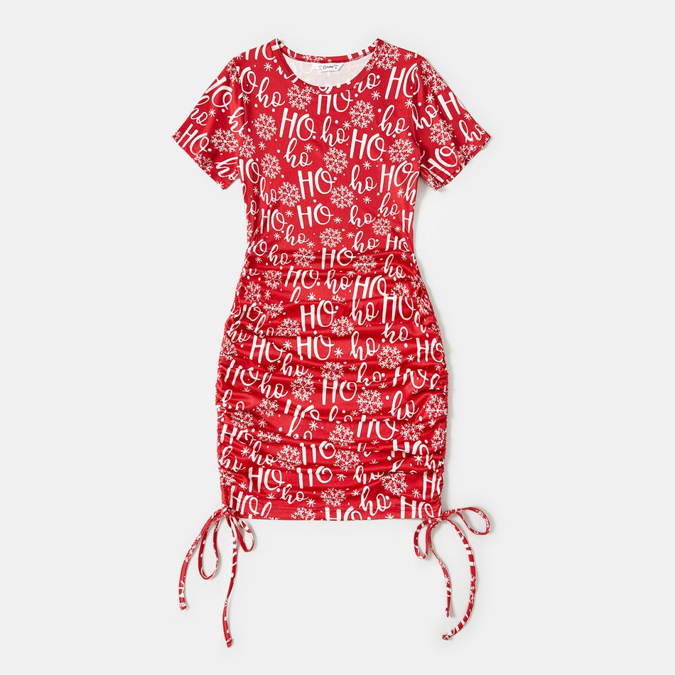 Christmas Family Matching Allover Letter & Snowflake Print Drawstring Ruched Bodycon Dresses and Short-sleeve Graphic T-shirts Sets Red big image 5