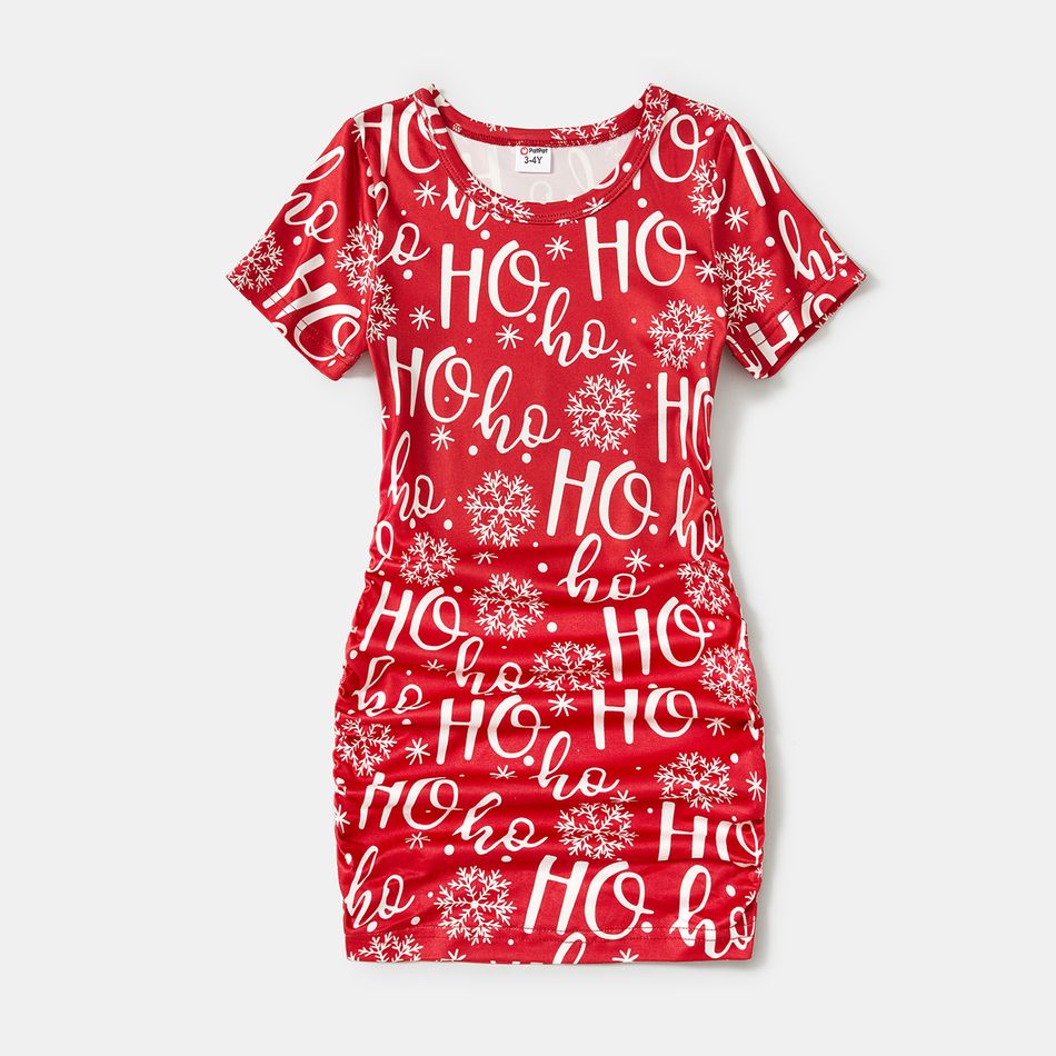Christmas Family Matching Allover Letter & Snowflake Print Drawstring Ruched Bodycon Dresses and Short-sleeve Graphic T-shirts Sets Red big image 15