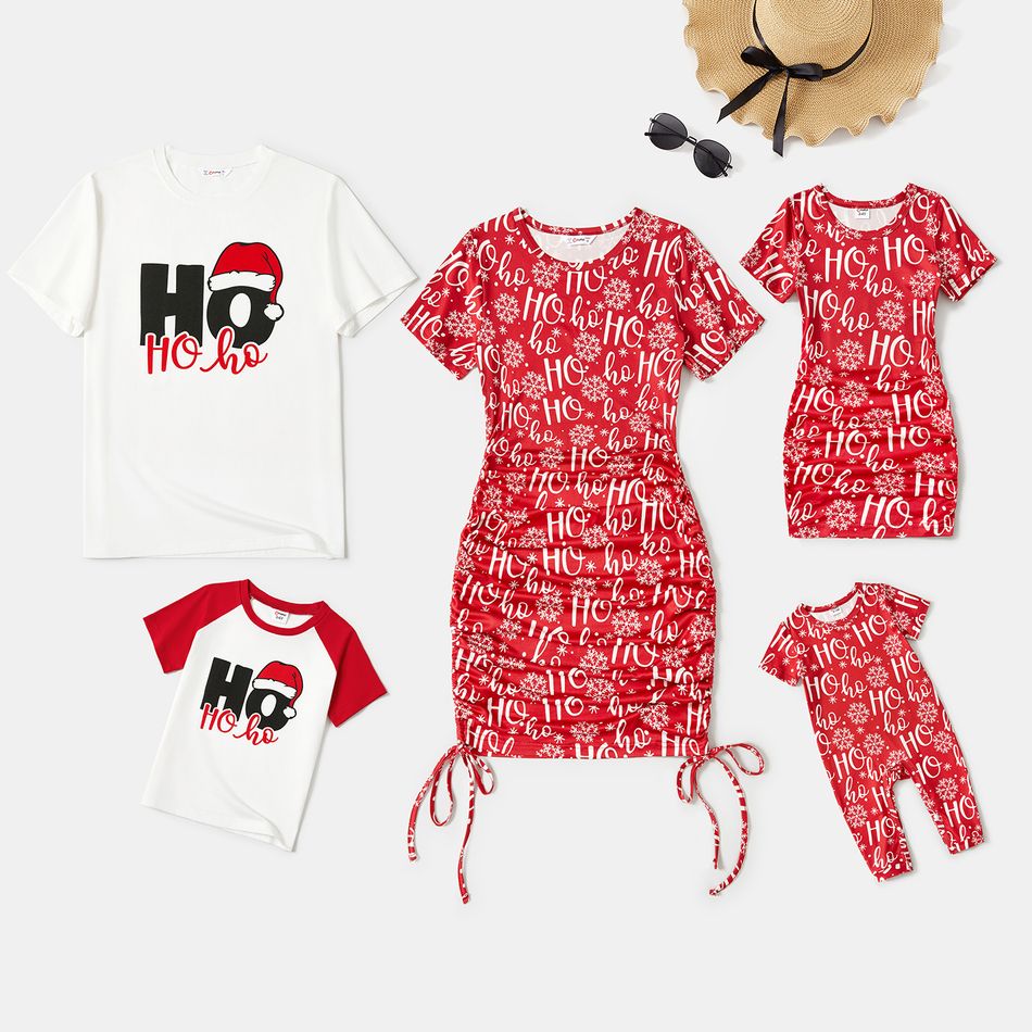 Christmas Family Matching Allover Letter & Snowflake Print Drawstring Ruched Bodycon Dresses and Short-sleeve Graphic T-shirts Sets Red big image 2