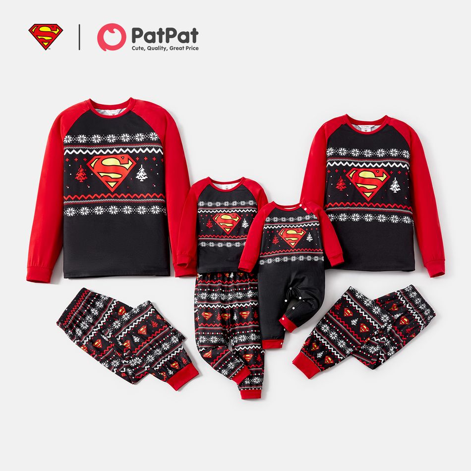 Superman Family Matching Christmas Snowflake Print Graphic Raglan-sleeve Pajamas Sets (Flame Resistant) ColorBlock