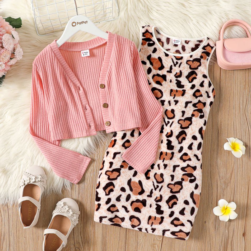 2pcs Kid Girl Leopard Print Sleeveless Fleece Dress and Button Design Cardigan Set Pink