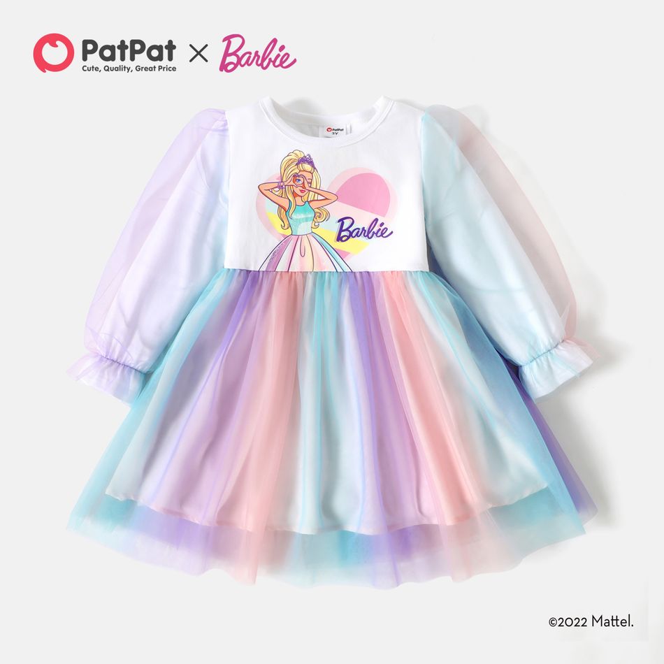 باربي طفل فتاة متدرجة اللون تصميم شبكة تصميم فستان طويل الأكمام القطن أومبير big image 2