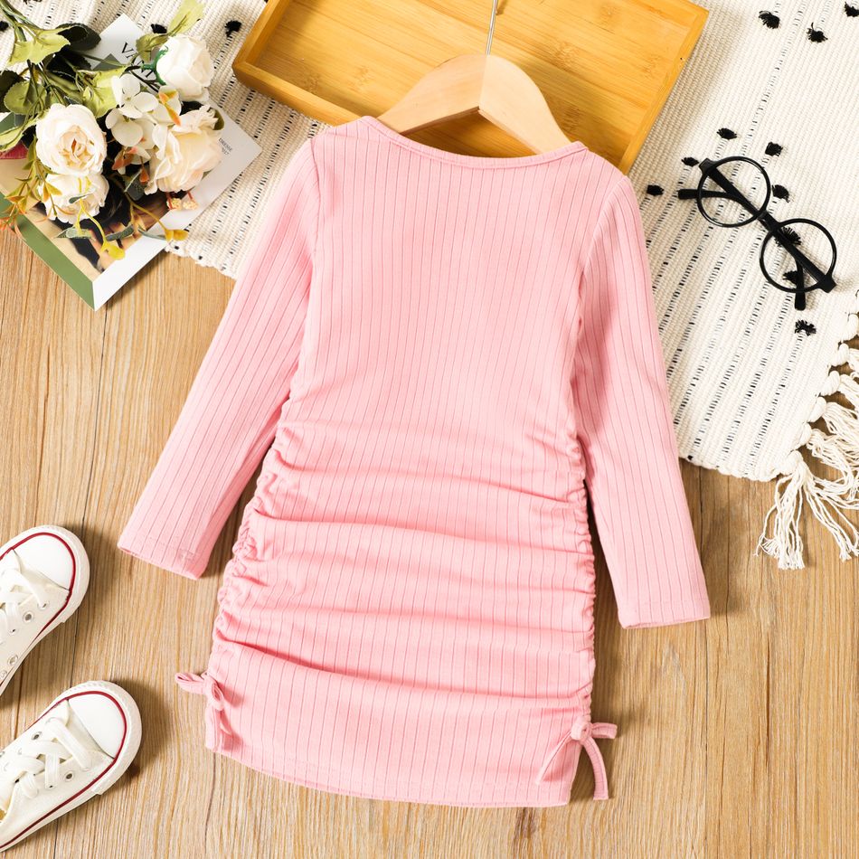 Toddler Girl Split Neck 3D Bowknot Design Ruched Long-sleeve Pink Dress Pink big image 2