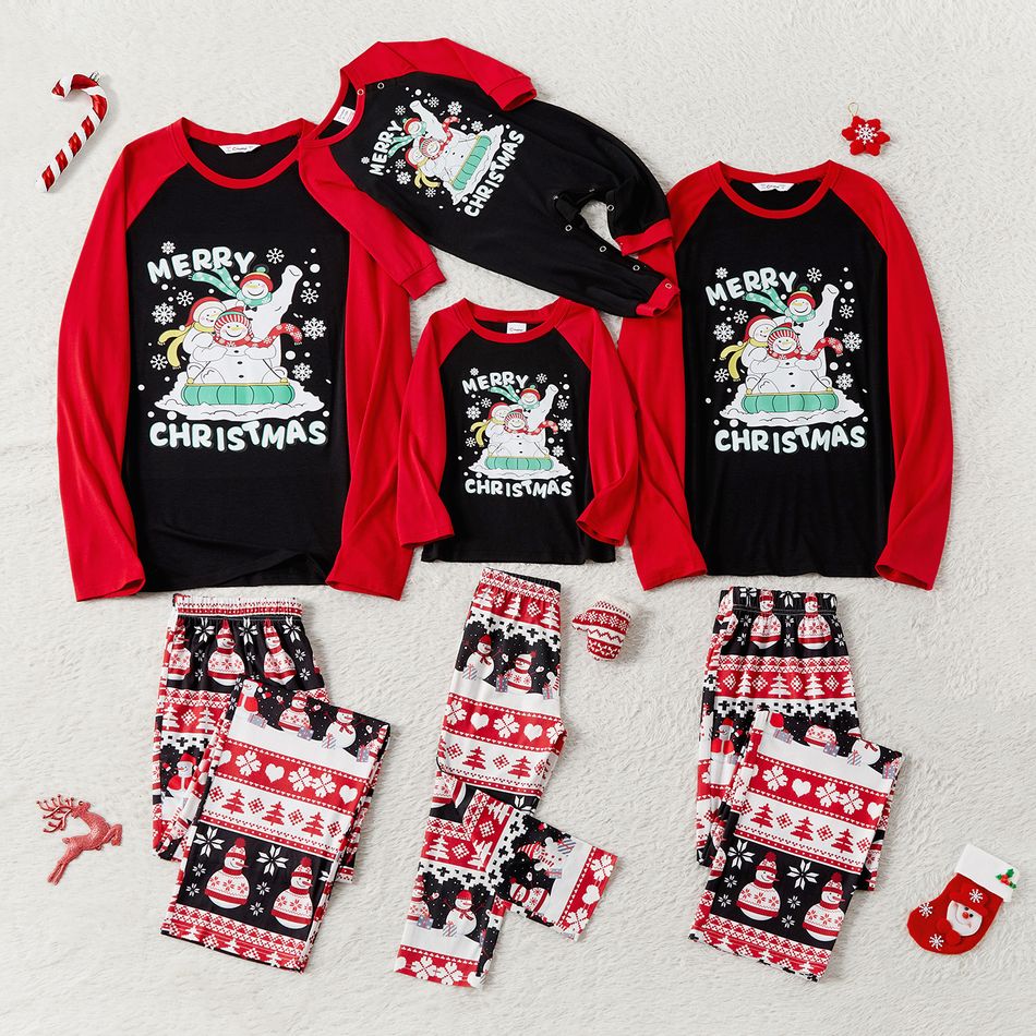 Christmas Family Matching Snowman & Letter Print Red Raglan-sleeve Pajamas Sets (Flame Resistant) redblack