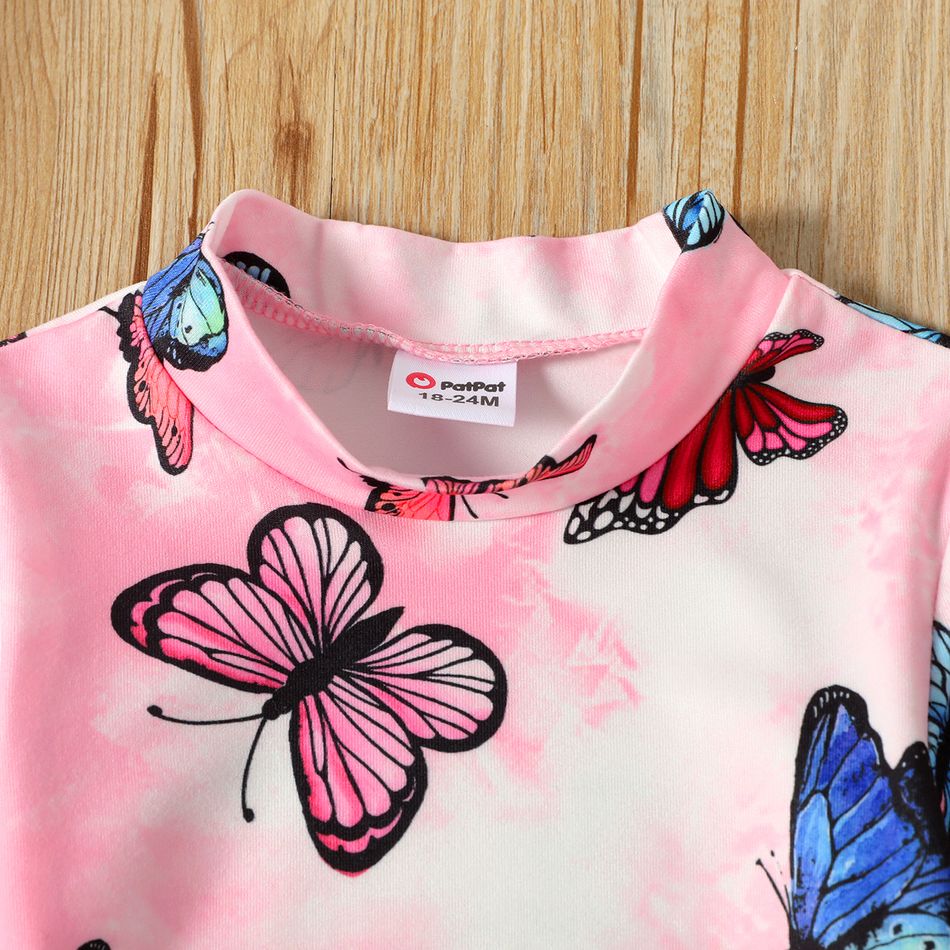 Toddler Girl Butterfly Print Tie Dyed Mock Neck Long-sleeve Dress Pink big image 4