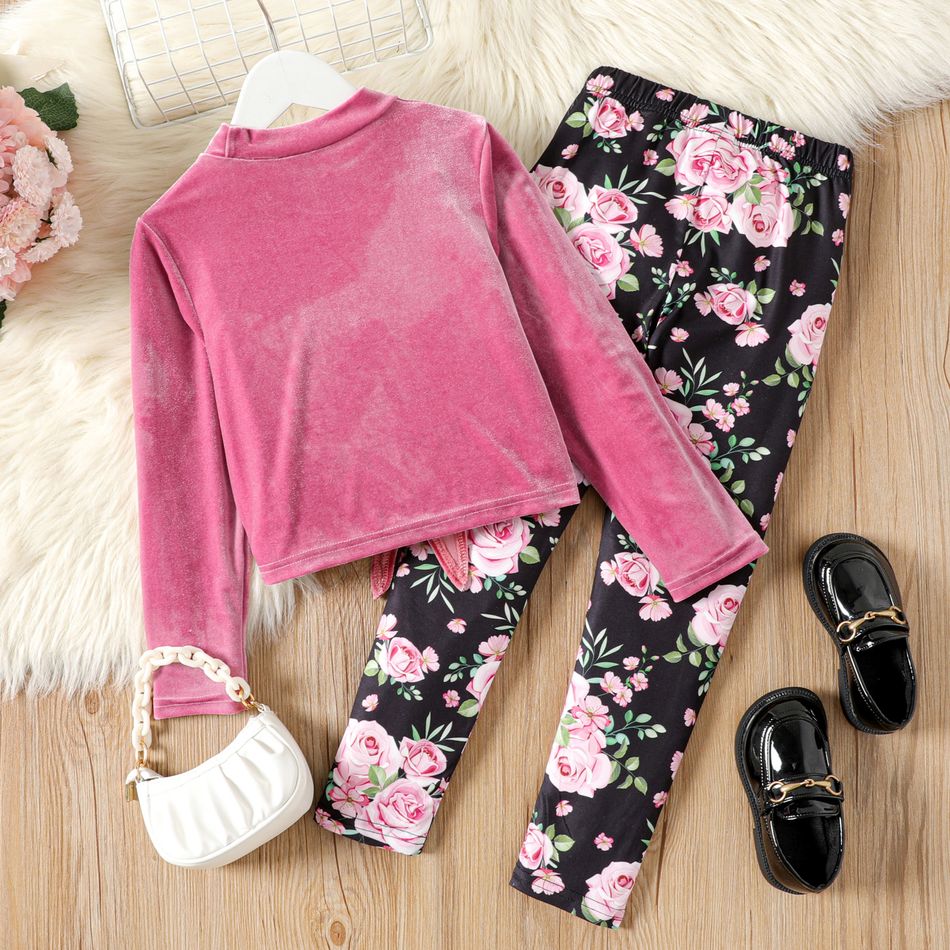 2pcs Kid Girl Tie Knot Stand Collar Velvet Tee and Floral Print Leggings Set Pink big image 5