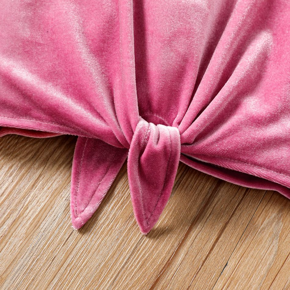 2pcs Kid Girl Tie Knot Stand Collar Velvet Tee and Floral Print Leggings Set Pink big image 3