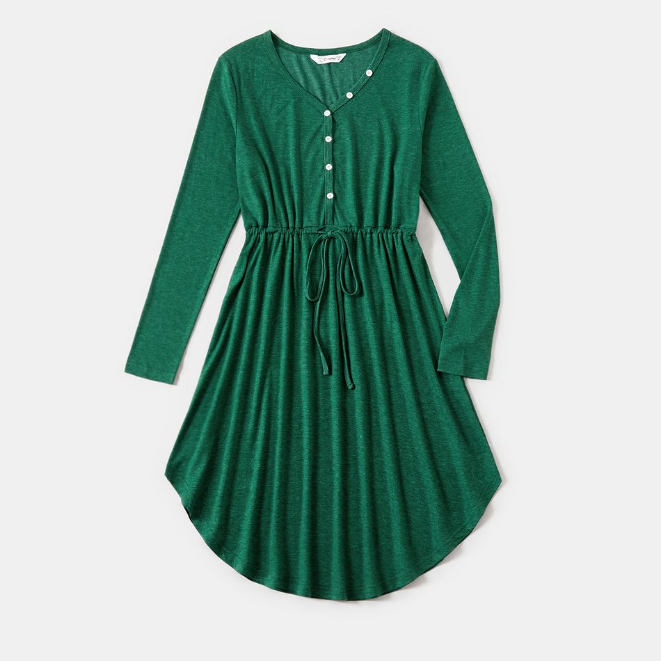 Family Matching Green Long-sleeve Drawstring Dresses and Colorblock T-shirts Sets Green big image 2