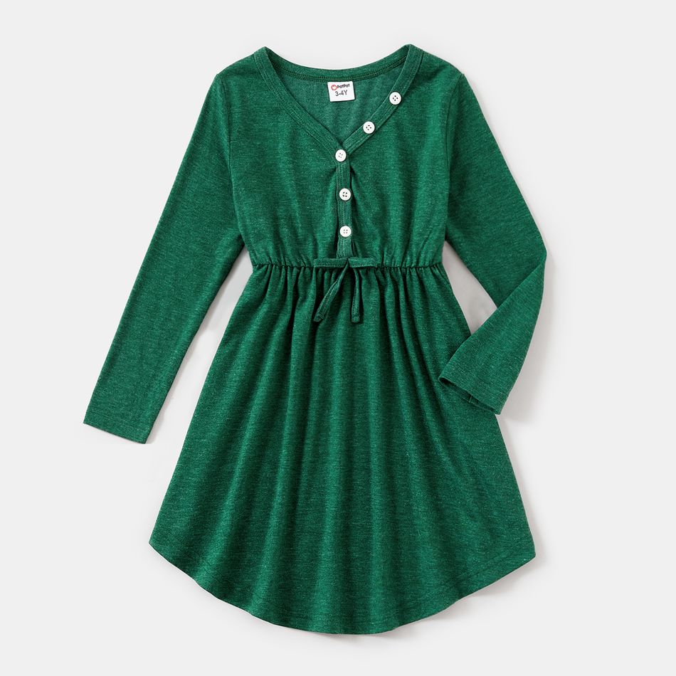Family Matching Green Long-sleeve Drawstring Dresses and Colorblock T-shirts Sets Green big image 7