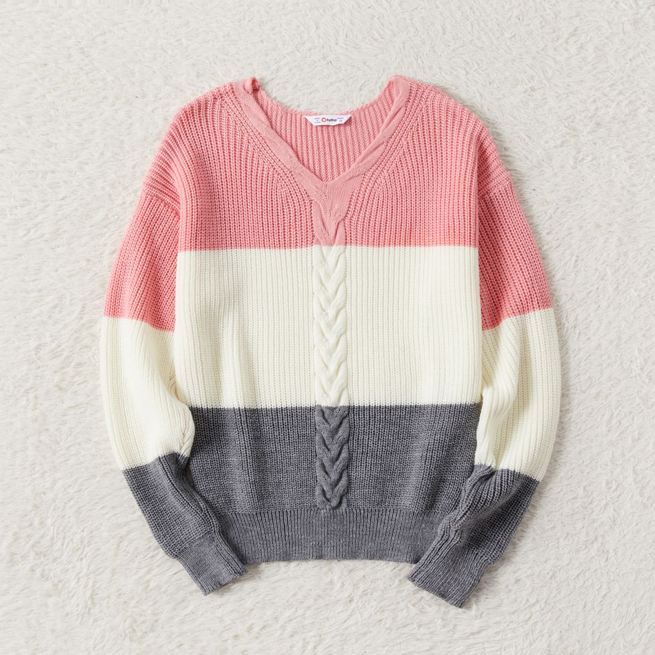 Mommy and Me Colorblock Knitted V Neck Long-sleeve Sweater ColorBlock big image 2
