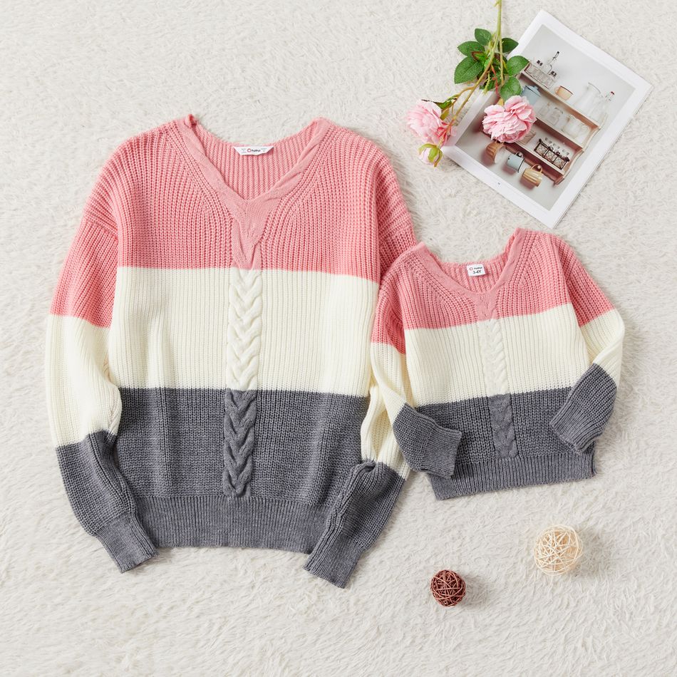 Mommy and Me Colorblock Knitted V Neck Long-sleeve Sweater ColorBlock big image 1
