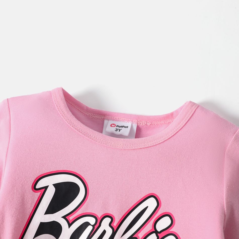 Barbie Toddler Girl Letter Print Cotton Mesh Splice Long-sleeve Pink Dress Pink big image 5