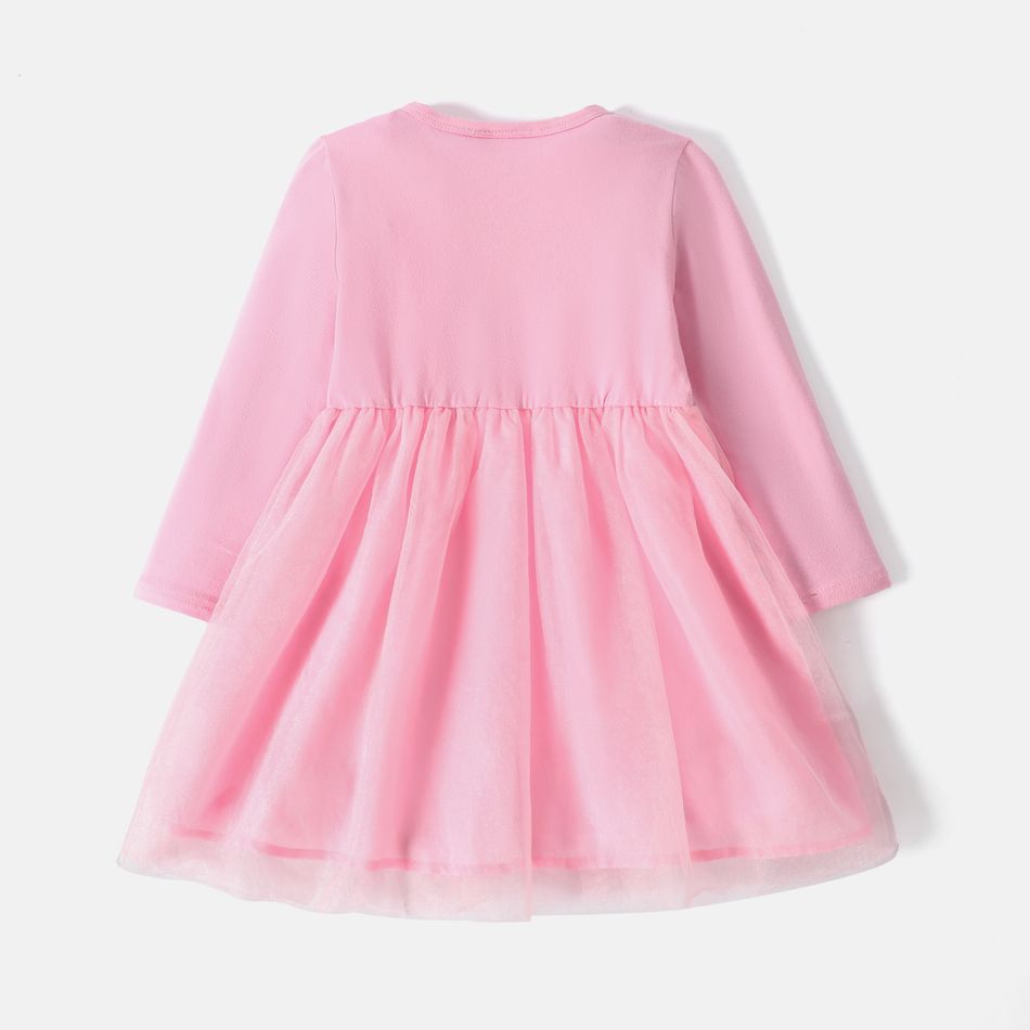 Barbie Toddler Girl Letter Print Cotton Mesh Splice Long-sleeve Pink Dress Pink big image 4
