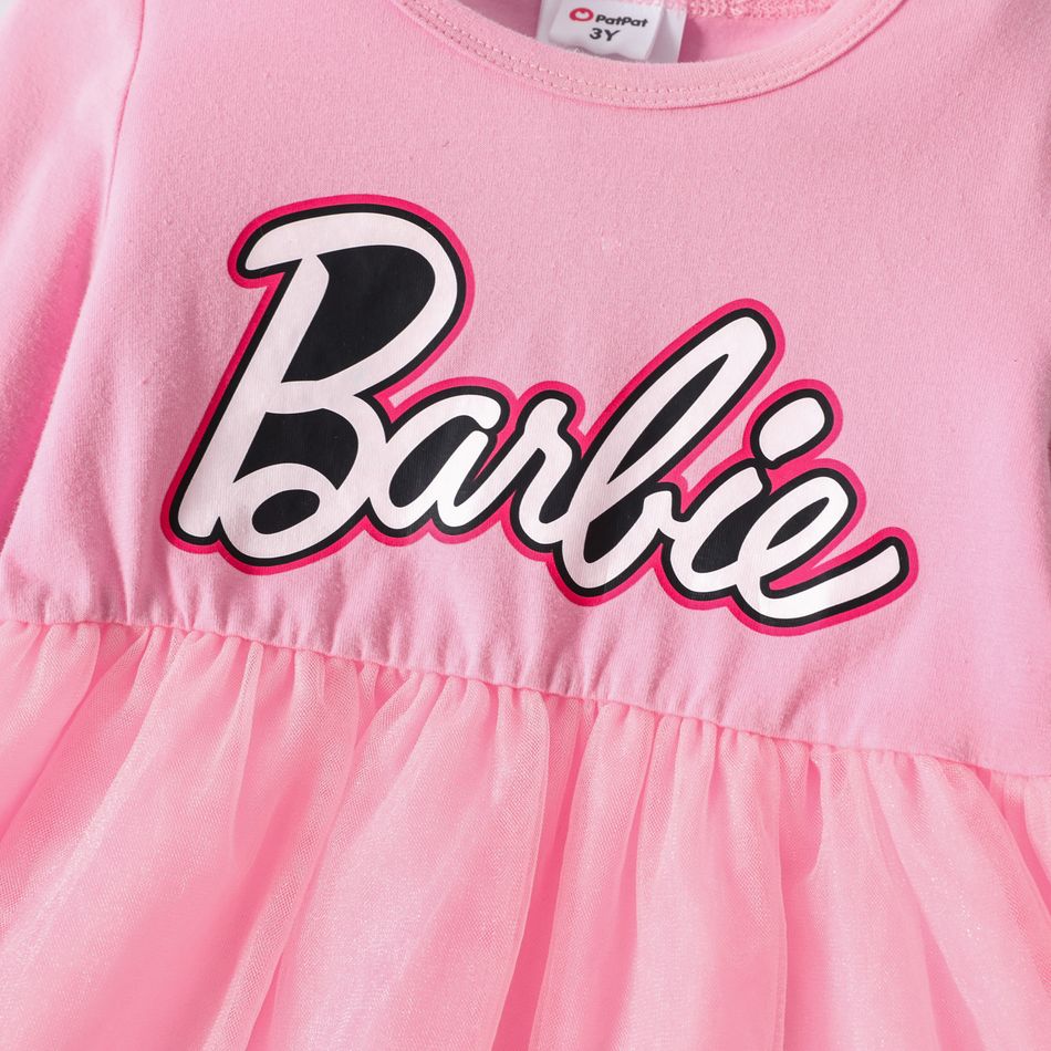 Barbie Toddler Girl Letter Print Cotton Mesh Splice Long-sleeve Pink Dress Pink big image 3