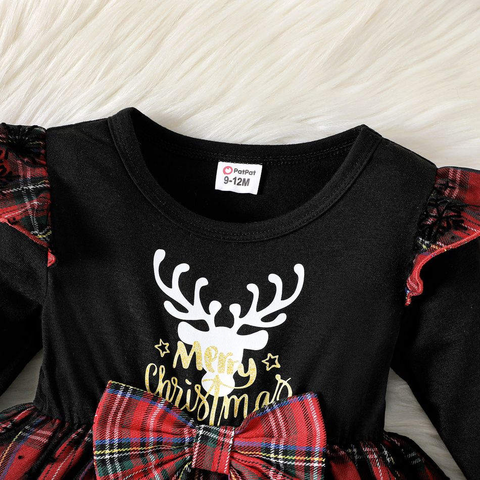 Christmas 2pcs Baby Girl Deer & Letter Print Black Long-sleeve Spliced Plaid Mesh Dress with Headband Set Black big image 3
