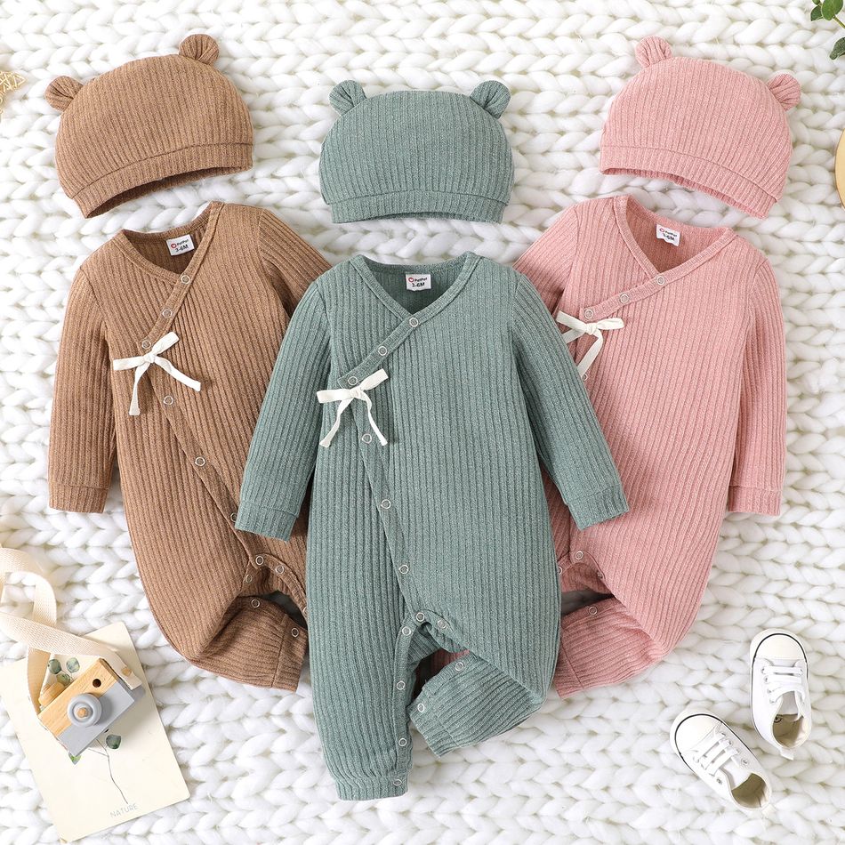 2pcs Baby Boy/Girl Solid Rib Knit Long-sleeve Button Jumpsuit with Hat Set Pink big image 2
