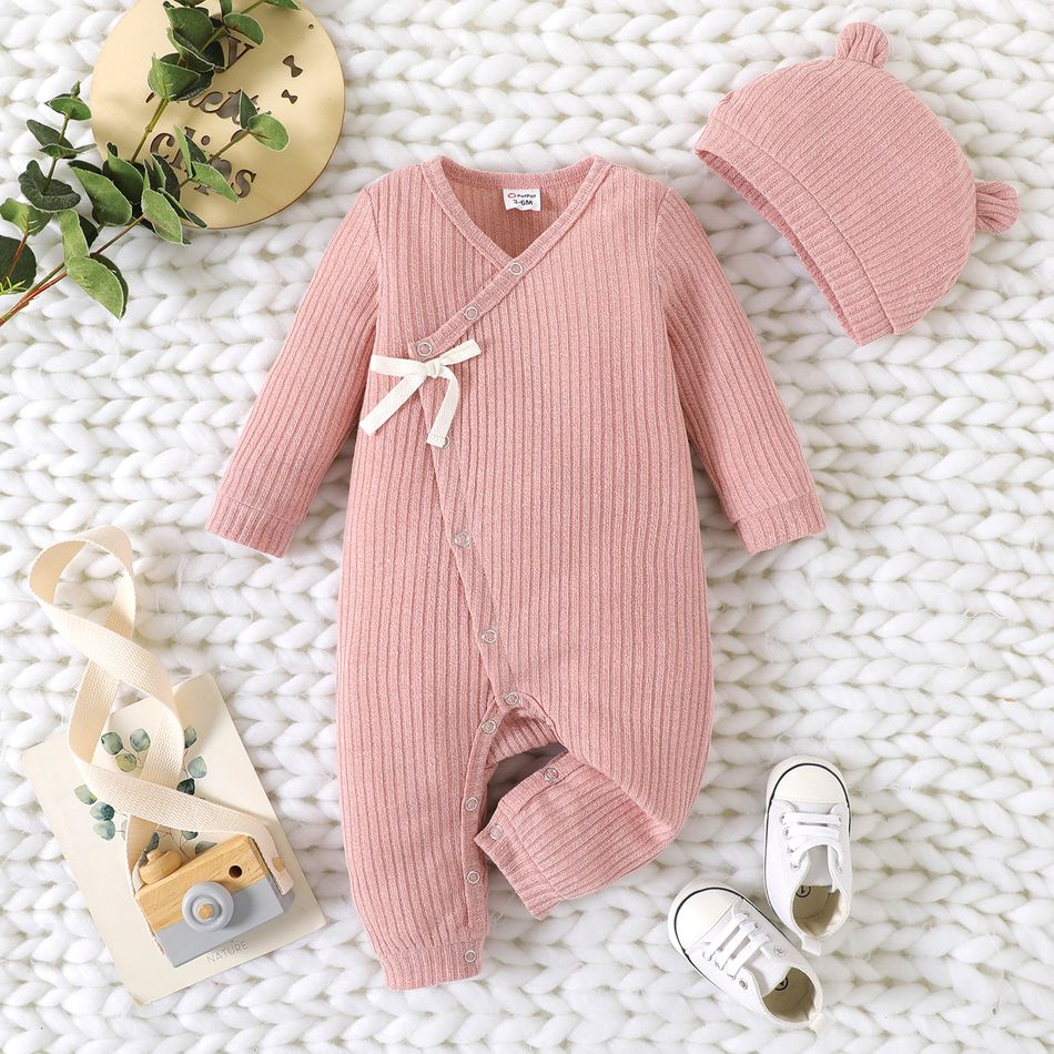 2pcs Baby Boy/Girl Solid Rib Knit Long-sleeve Button Jumpsuit with Hat Set Pink big image 1