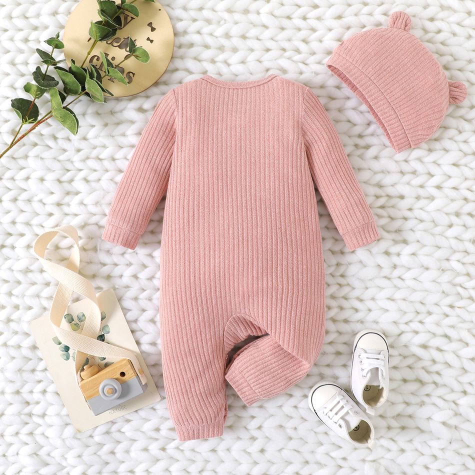 2pcs Baby Boy/Girl Solid Rib Knit Long-sleeve Button Jumpsuit with Hat Set Pink big image 3