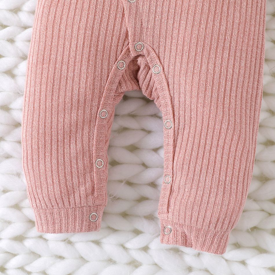 2pcs Baby Boy/Girl Solid Rib Knit Long-sleeve Button Jumpsuit with Hat Set Pink big image 5