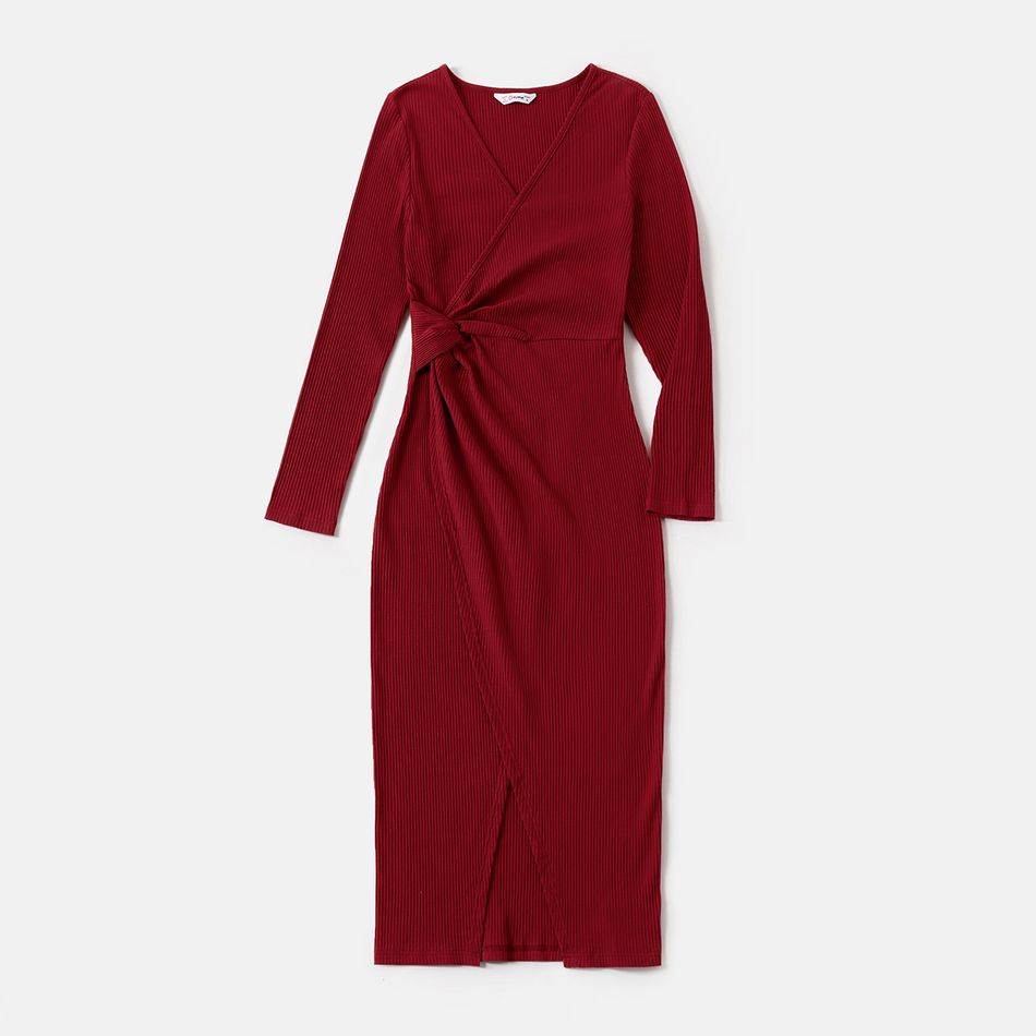 Family Matching Solid Rib Knit V Neck Twist Knot Split Bodycon Dresses and Raglan-sleeve T-shirts Sets MAROON big image 2