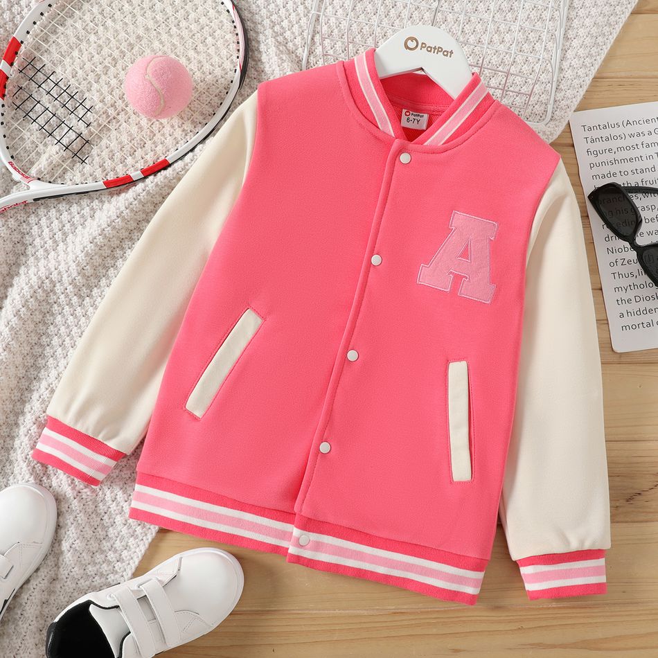 Kid Girl Letter Embroidered Button Design Colorblock Bomber Jacket Pink big image 1