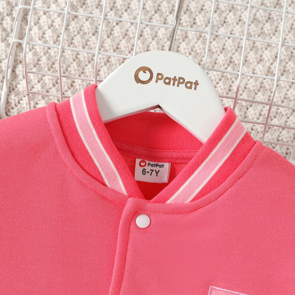 Kid Girl Letter Embroidered Button Design Colorblock Bomber Jacket Pink big image 3