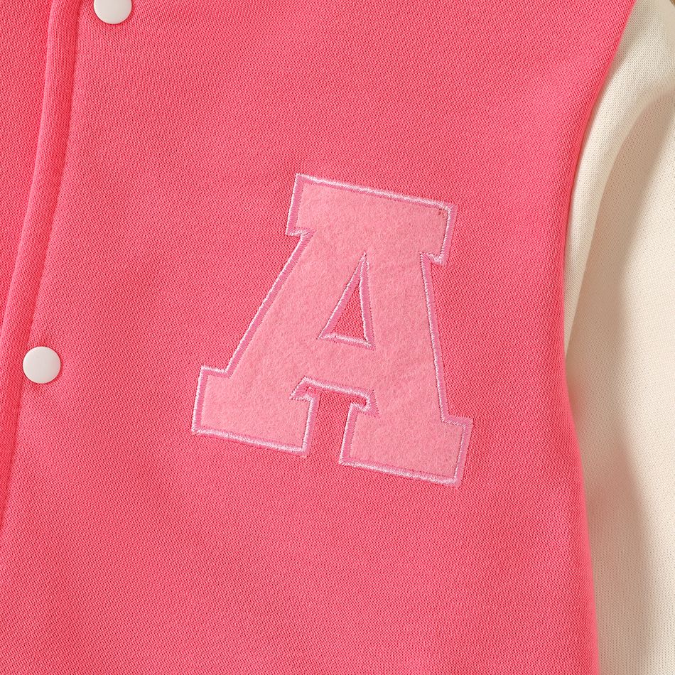 Kid Girl Letter Embroidered Button Design Colorblock Bomber Jacket Pink big image 5