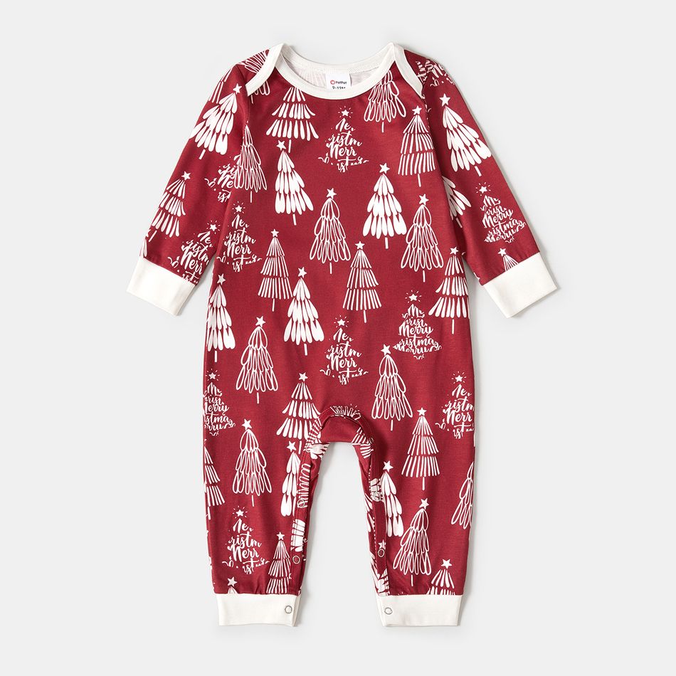 Christmas Family Matching Allover Xmas Tree Print Long-sleeve Pajamas Sets (Flame Resistant) WineRed big image 13