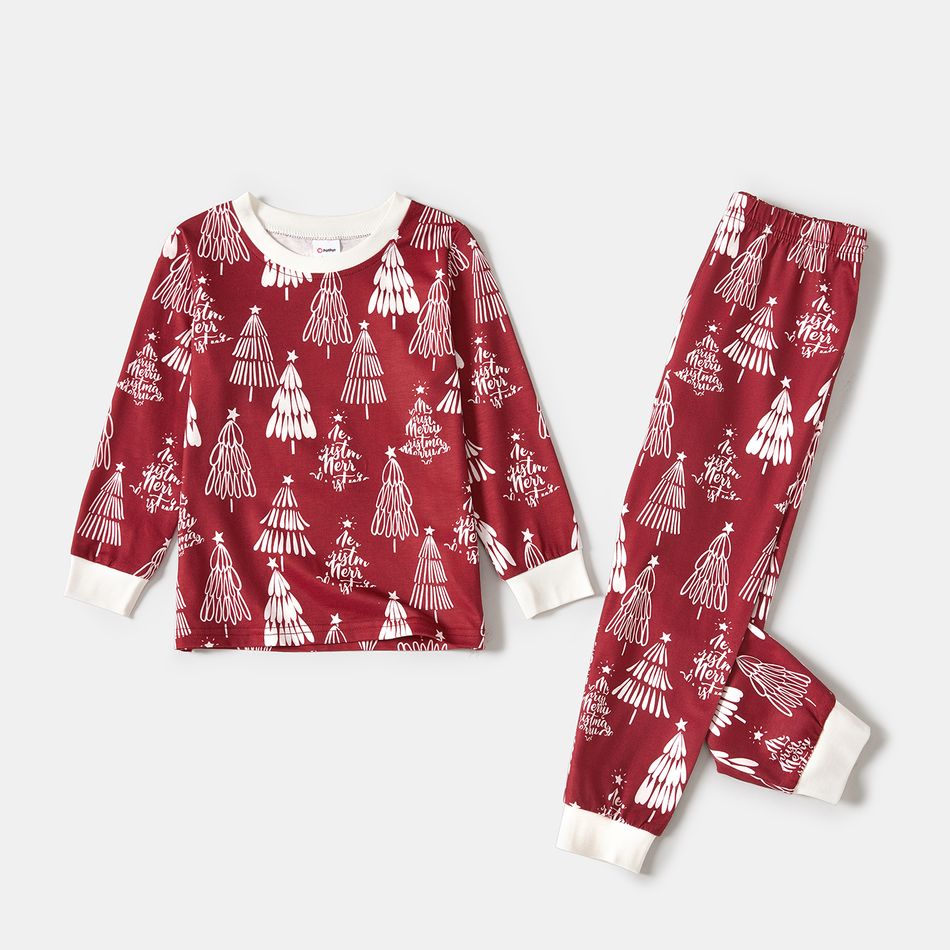 Christmas Family Matching Allover Xmas Tree Print Long-sleeve Pajamas Sets (Flame Resistant) WineRed big image 11