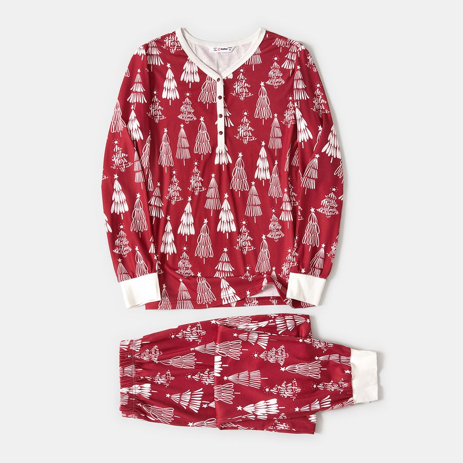 Christmas Family Matching Allover Xmas Tree Print Long-sleeve Pajamas Sets (Flame Resistant) WineRed big image 9