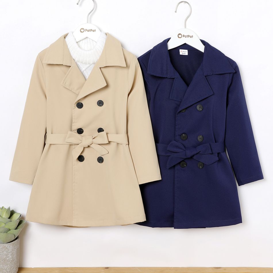 Kid Boy/Kid Girl Solid Color Lapel Collar Double Breasted Belted Trench Coat Deep Blue big image 2