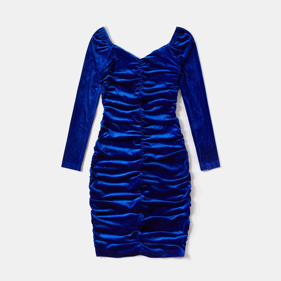 Mommy and Me Blue Velvet Long-sleeve Ruched Bodycon/Mesh Dresses Blue big image 2