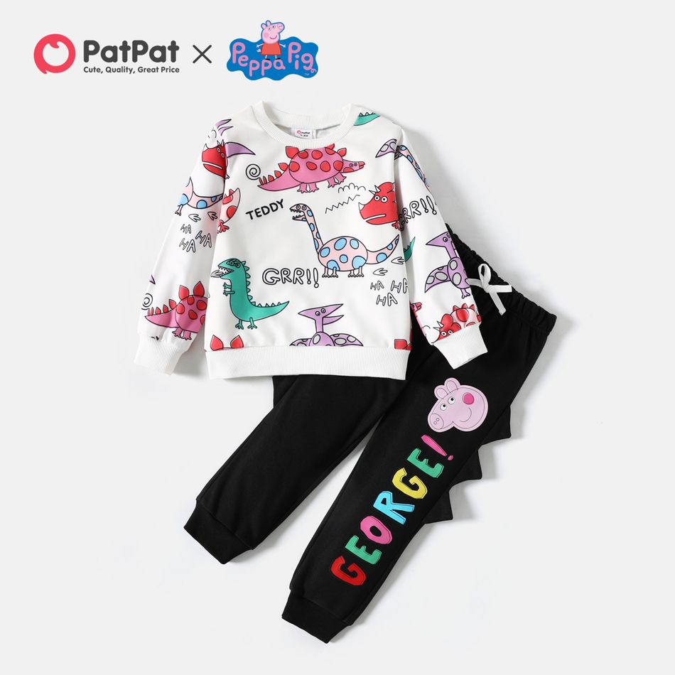 Peppa Pig 2pcs Toddler Boy Dinosaur Print Sweatshirt and Letter Print Pants Set White
