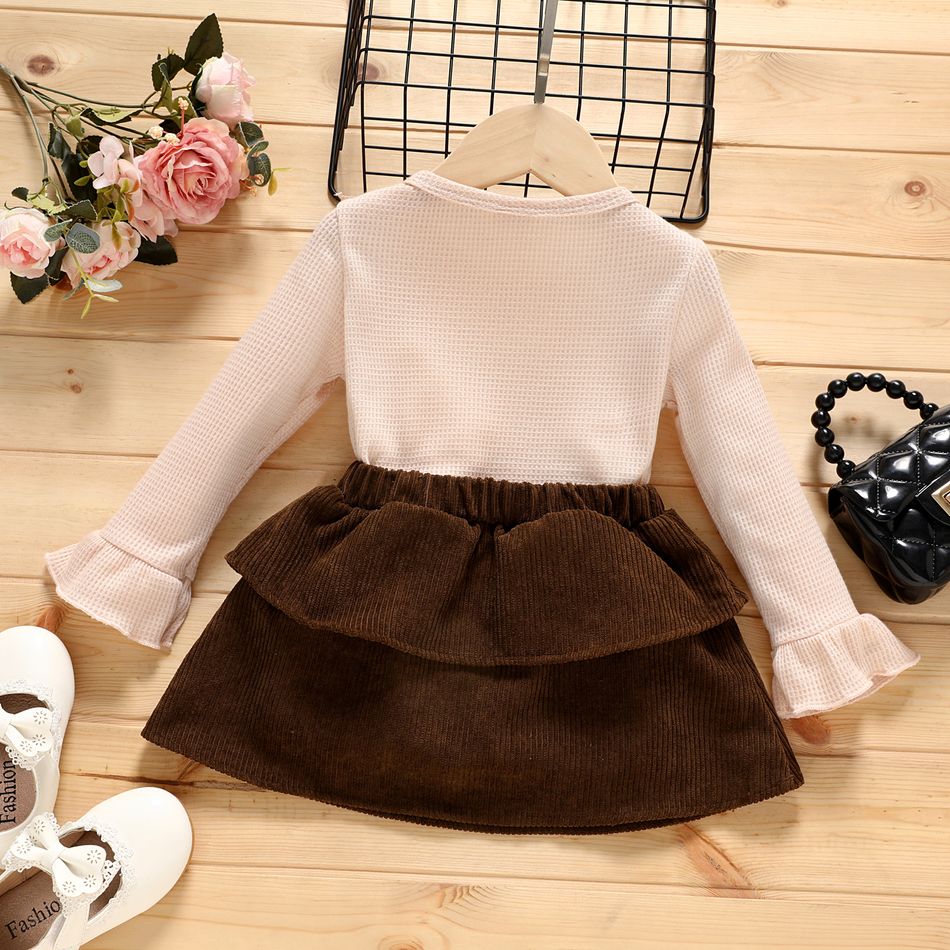 2pcs Toddler Girl Ruffled Button Design Waffle Long-sleeve Tee and Bowknot Decor Skirt Set Brown big image 2
