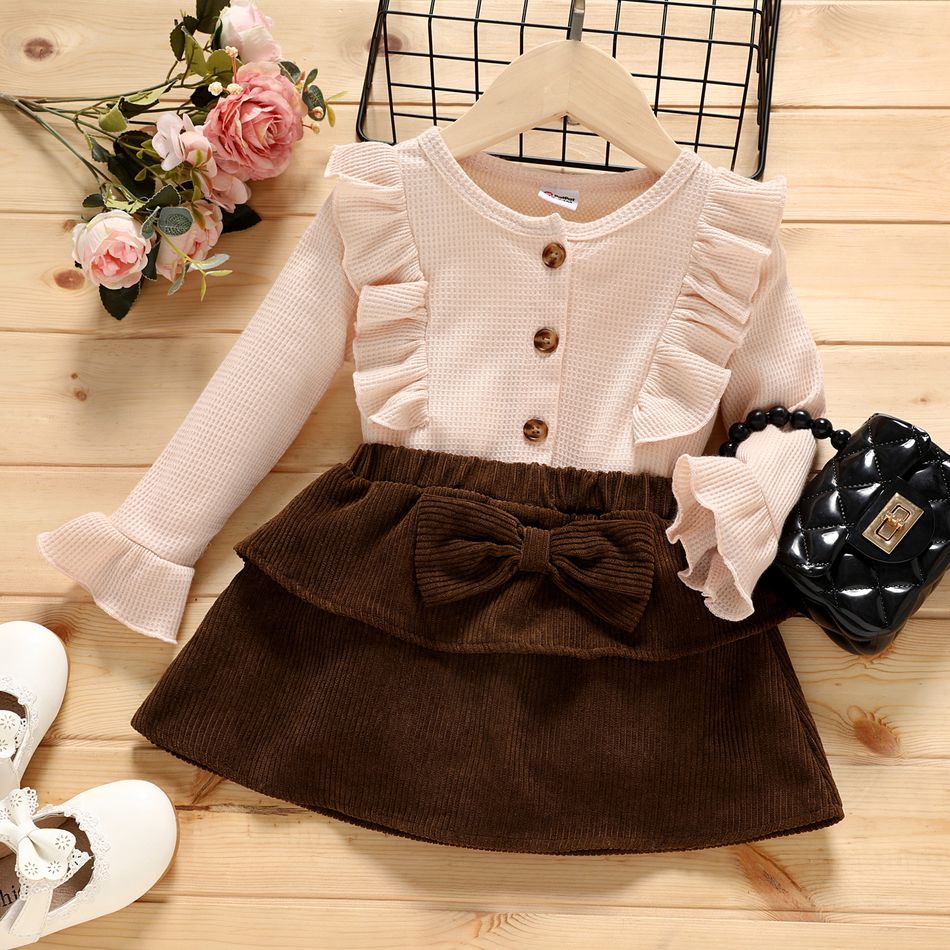 2pcs Toddler Girl Ruffled Button Design Waffle Long-sleeve Tee and Bowknot Decor Skirt Set Brown big image 1