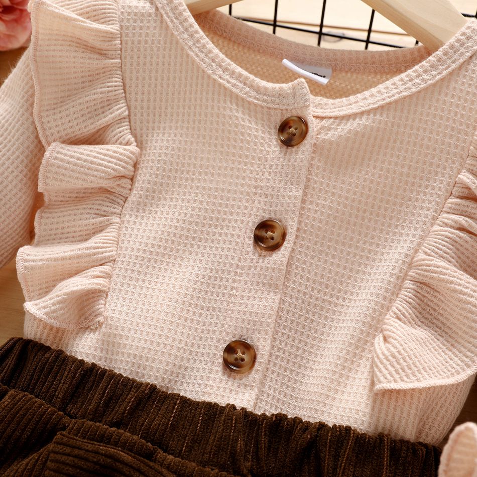 2pcs Toddler Girl Ruffled Button Design Waffle Long-sleeve Tee and Bowknot Decor Skirt Set Brown big image 3