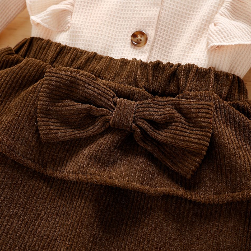 2pcs Toddler Girl Ruffled Button Design Waffle Long-sleeve Tee and Bowknot Decor Skirt Set Brown big image 4