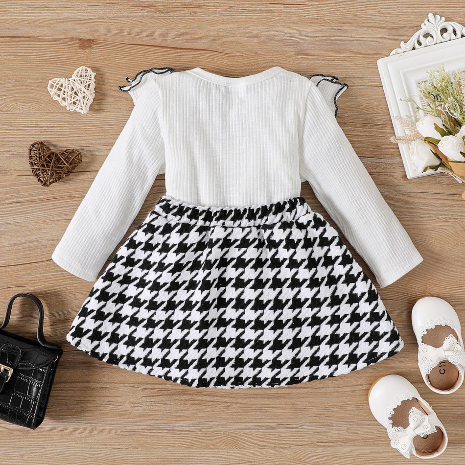 2pcs Baby Girl Rib Knit Layered Ruffle Trim Long-sleeve Top and Double Breasted Houndstooth Skirt Set BlackandWhite big image 2