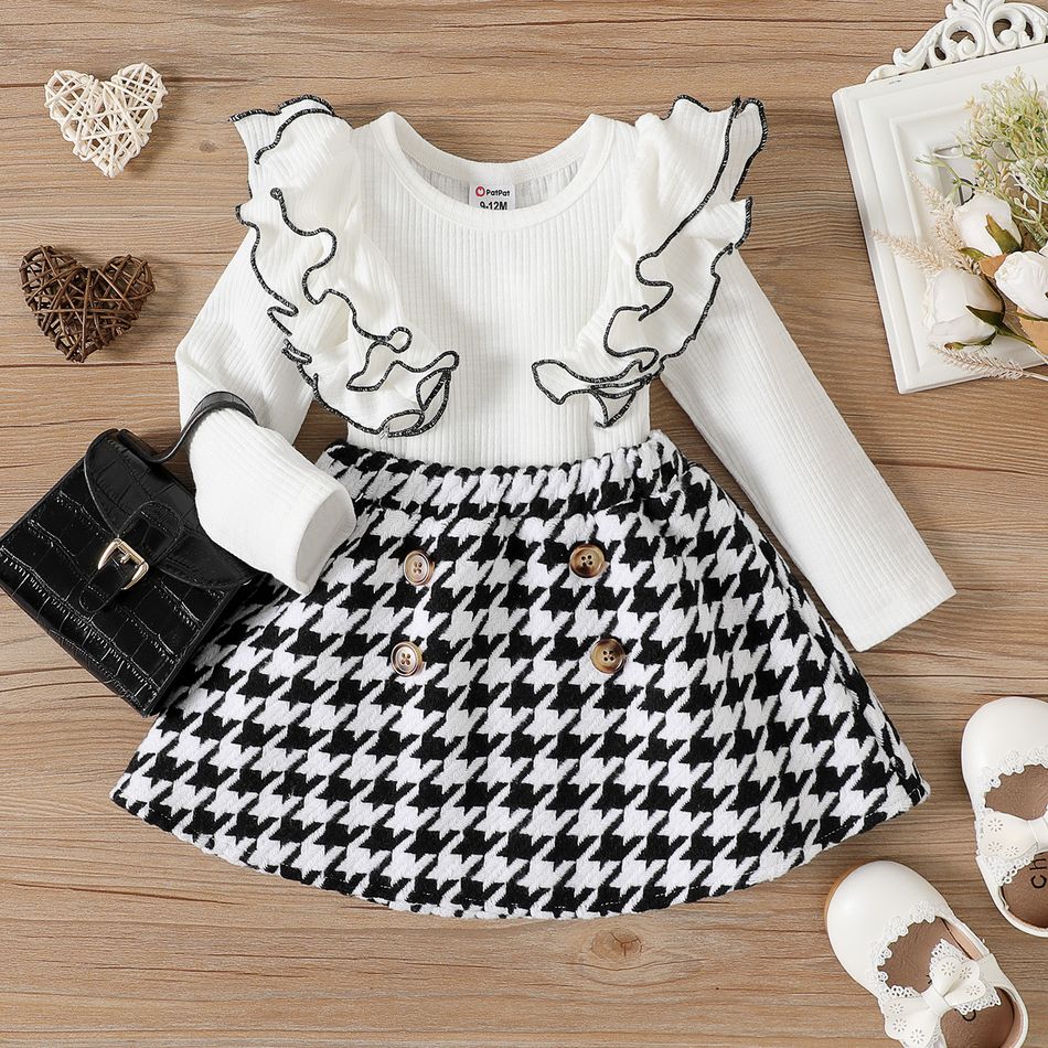 2pcs Baby Girl Rib Knit Layered Ruffle Trim Long-sleeve Top and Double Breasted Houndstooth Skirt Set BlackandWhite big image 1