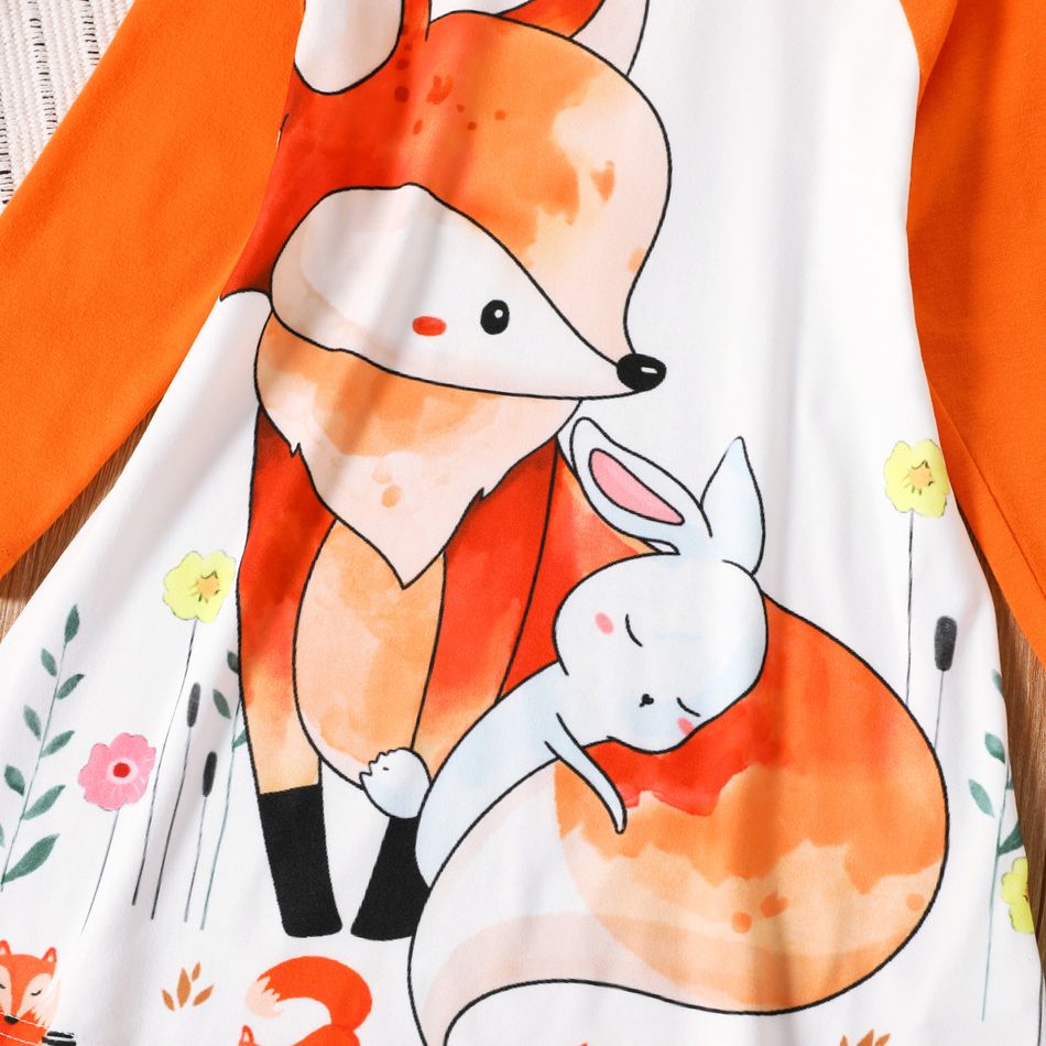 Toddler Girl Floral Fox Print Long Raglan Sleeve Dress Orange big image 3