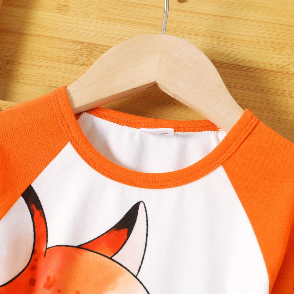 Toddler Girl Floral Fox Print Long Raglan Sleeve Dress Orange