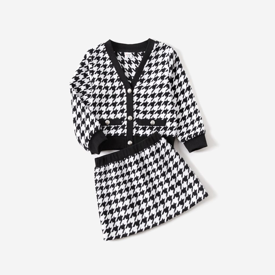 Mommy and Me Black & White Houndstooth Long-sleeve Button Front Cardigan with Skirt Sets BlackandWhite big image 2