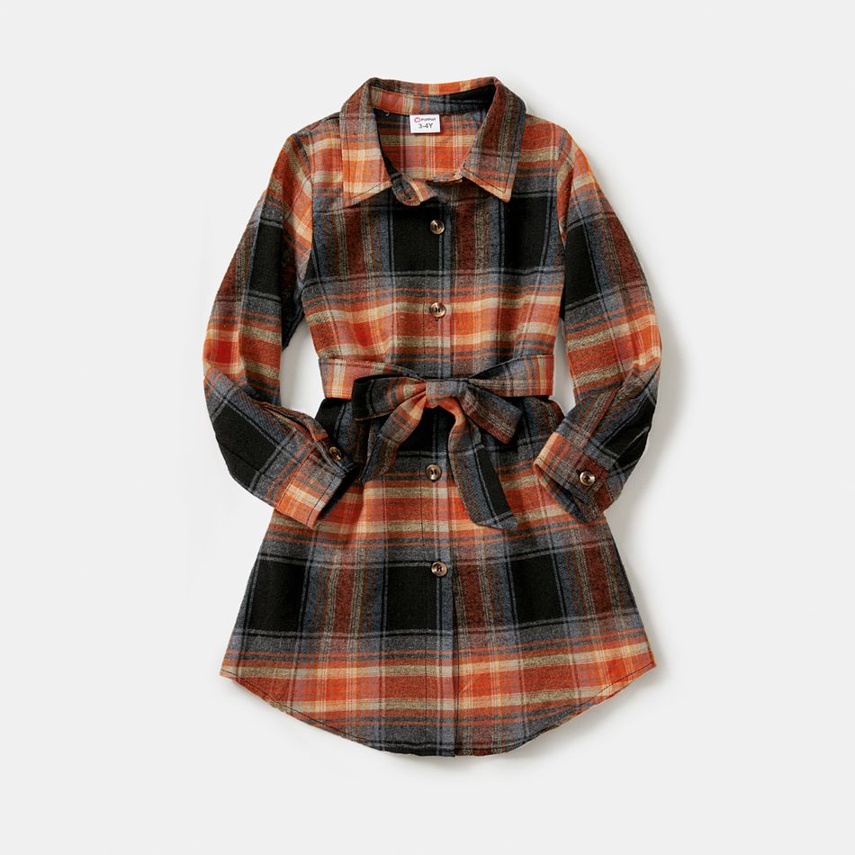 Family Matching Brown Plaid Button Front Shirts and Long-sleeve Belted Dresses Sets Brown big image 3