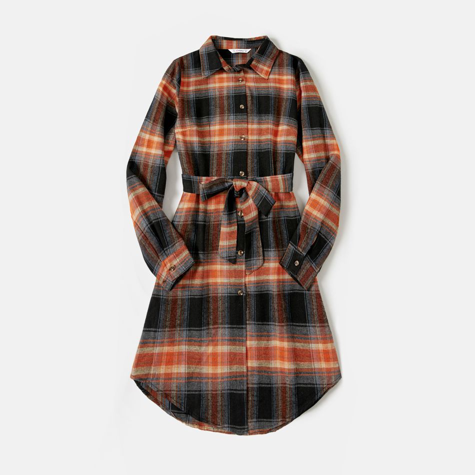 Family Matching Brown Plaid Button Front Shirts and Long-sleeve Belted Dresses Sets Brown big image 2