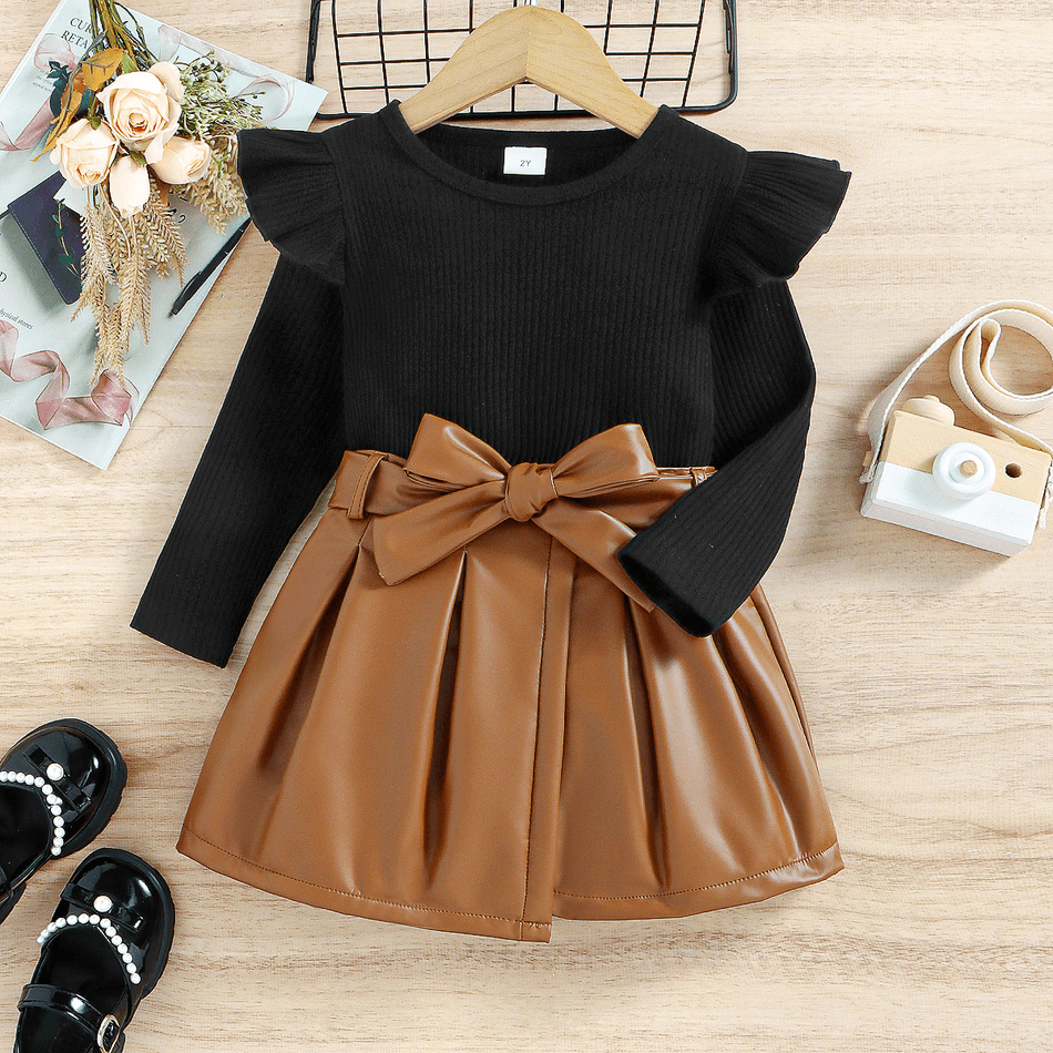 2pcs Toddler Girl Trendy Ruffled Ribed Tee and Belted PU Skirt Set Black big image 1