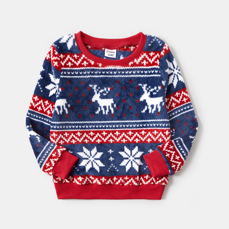 Christmas Family Matching Allover Snowflake & Deer Print Long-sleeve Thermal Flannel Tops Blue big image 4