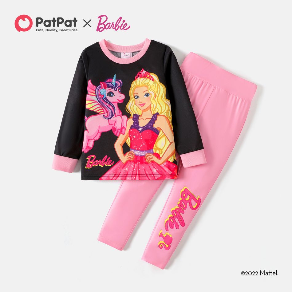 Barbie 2pcs Kid Girl Character Print Colorblock Sweatshirt and Letter Print Leggings Set Black big image 1