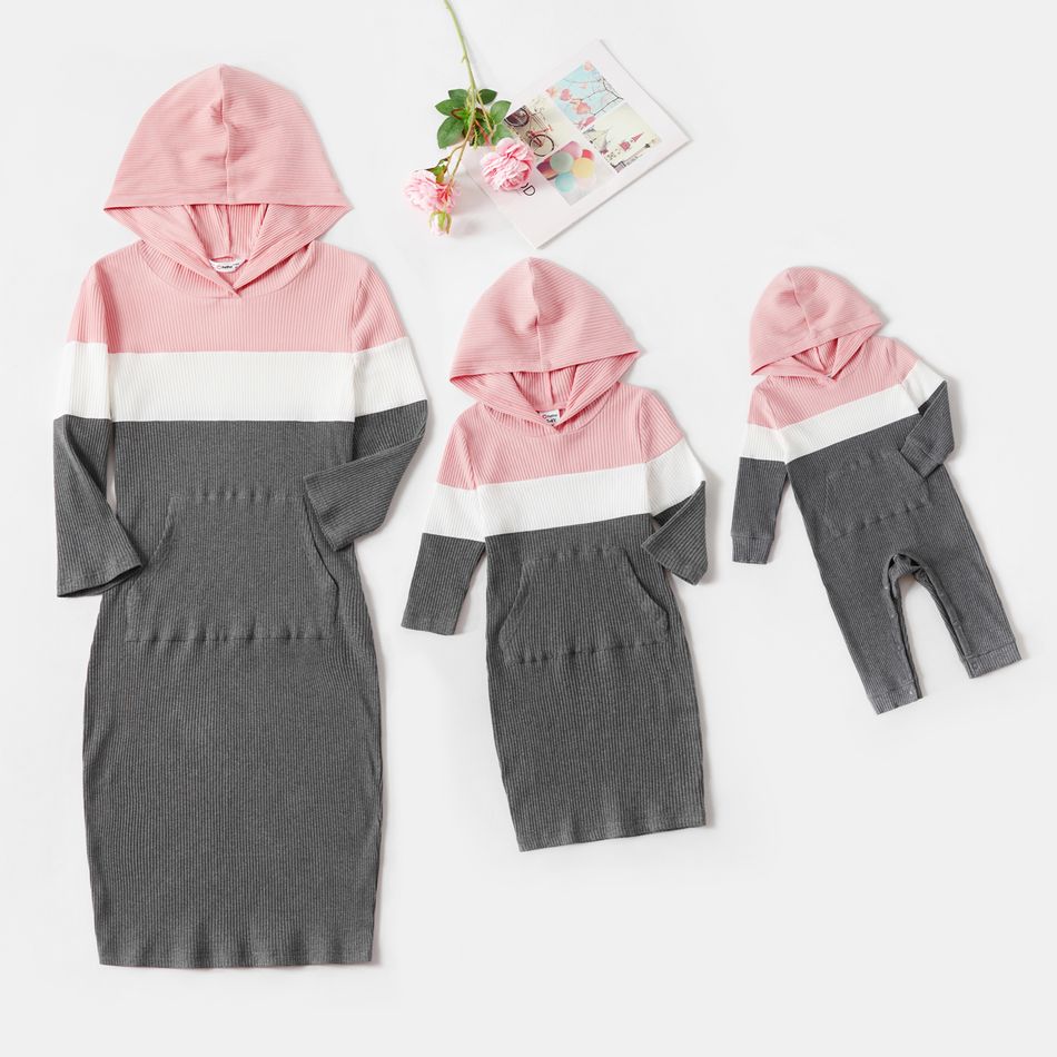 Mommy and Me Colorblock Knitted 3/4 Sleeve Hooded Bodycon Dress Pink big image 2