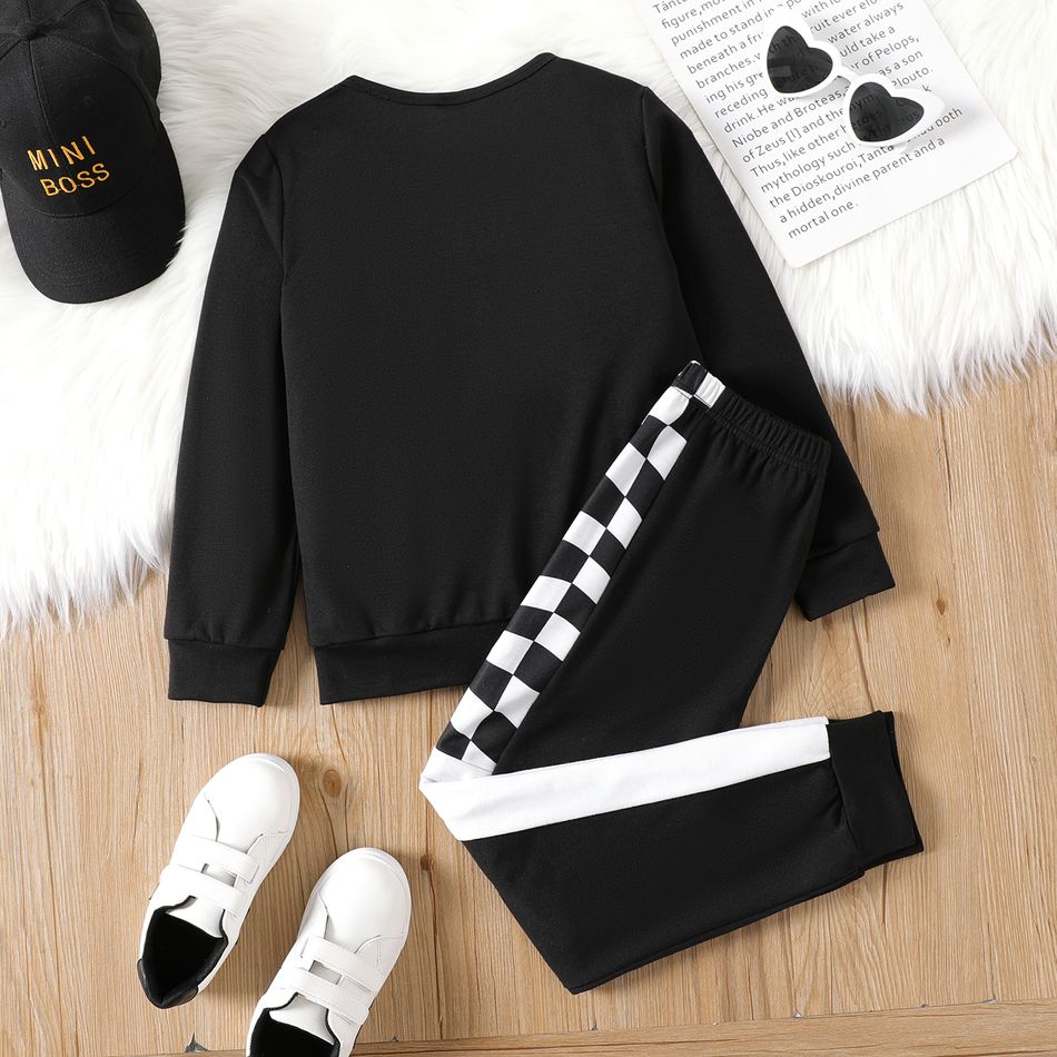 2pcs Kid Boy Plaid Colorblock Pullover Sweatshirt and Elasticized Pants Set Black big image 3